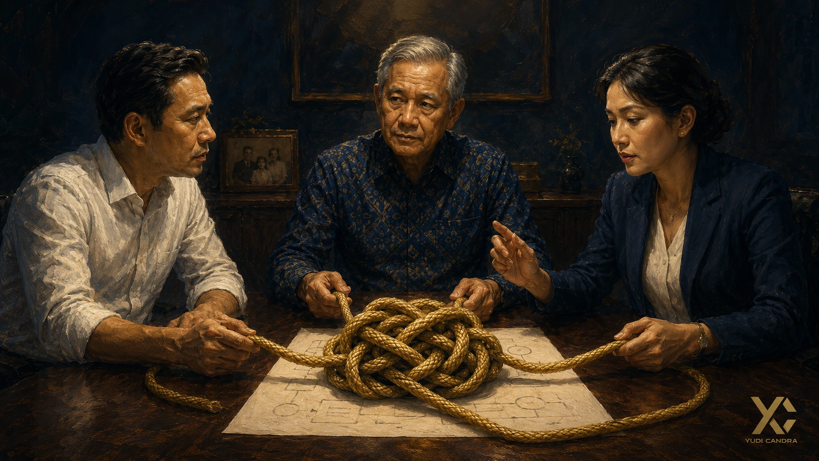Ayah dan anak di bisnis keluarga duduk berhadapan di depan tali yang kusut, gambaran masalah keluarga yang tidak pernah diurai