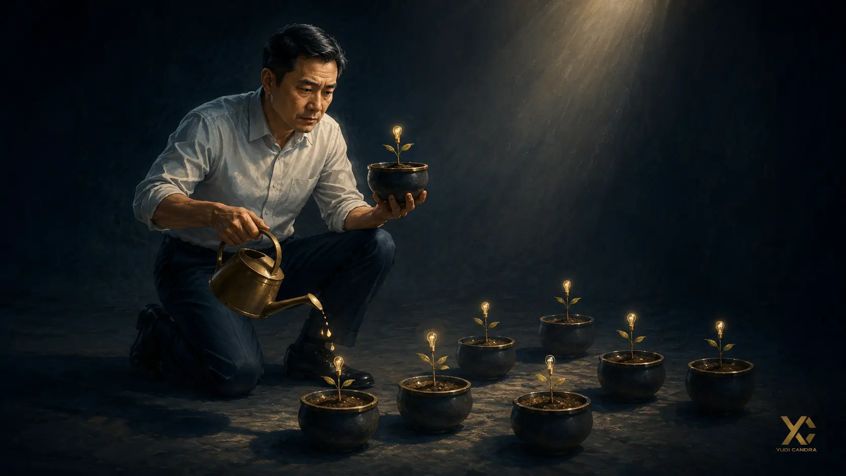 Pemilik bisnis memegang satu tunas di antara banyak tunas kecil, gambaran banyak ide bisnis yang dimulai tapi tidak ada yang tumbuh besar