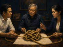 Ayah dan anak di bisnis keluarga duduk berhadapan di depan tali yang kusut, gambaran masalah keluarga yang tidak pernah diurai