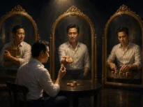Pemilik bisnis menatap pantulan dirinya di beberapa cermin, gambaran pola uang yang membentuk keputusan bisnis