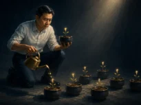 Pemilik bisnis memegang satu tunas di antara banyak tunas kecil, gambaran banyak ide bisnis yang dimulai tapi tidak ada yang tumbuh besar